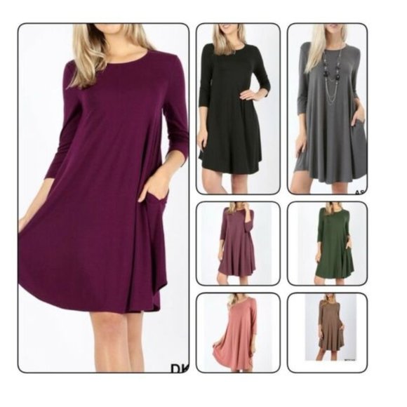 Tunic Pocket Dress, 3/4 sleeve - Camel - Picture 2 of 3